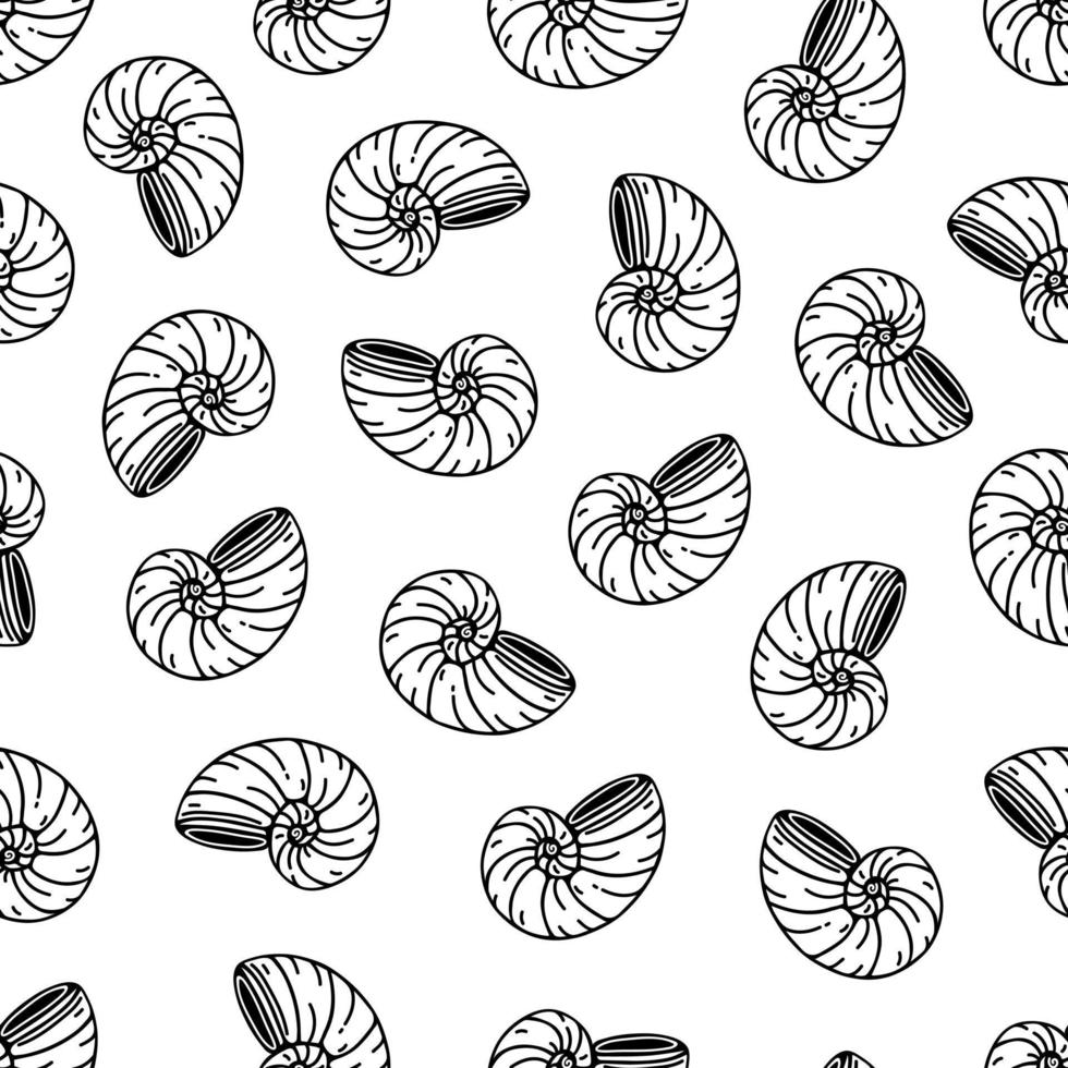 padrão de vetor sem emenda de conchas de nautilus. doodle simples desenhado à mão sobre fundo branco. concha redonda, molusco subaquático ou caracol. frutos do mar, iguaria saborosa. pano de fundo plano para menu, estampas, papel de parede