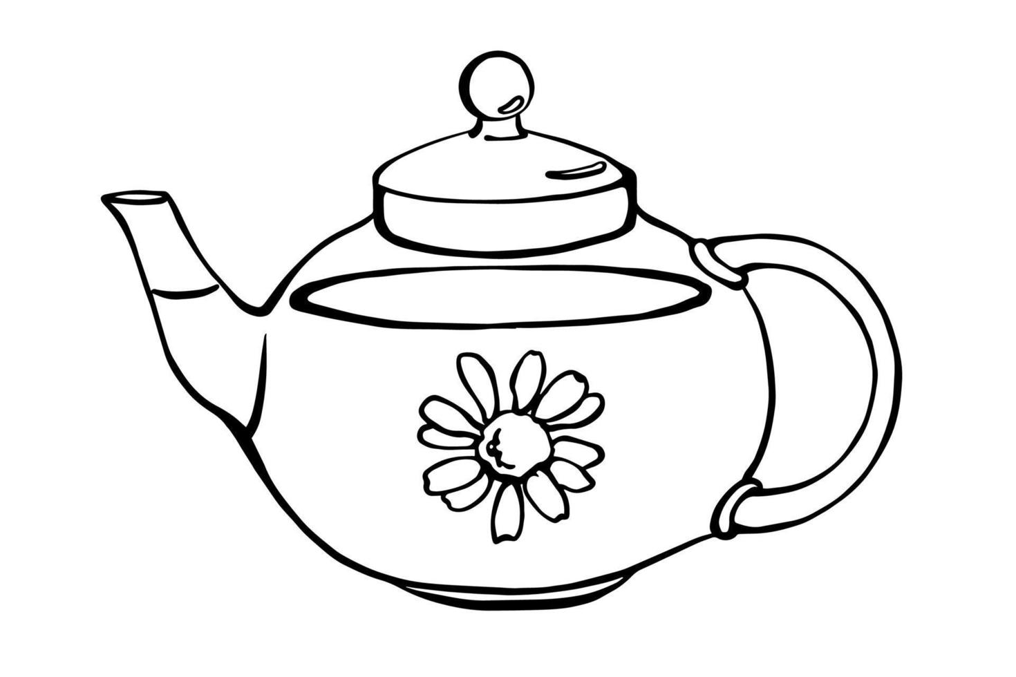 design de ilustração vetorial de chá de camomila. delineie o desenho transparente do bule de chá com camomila dentro. vetor
