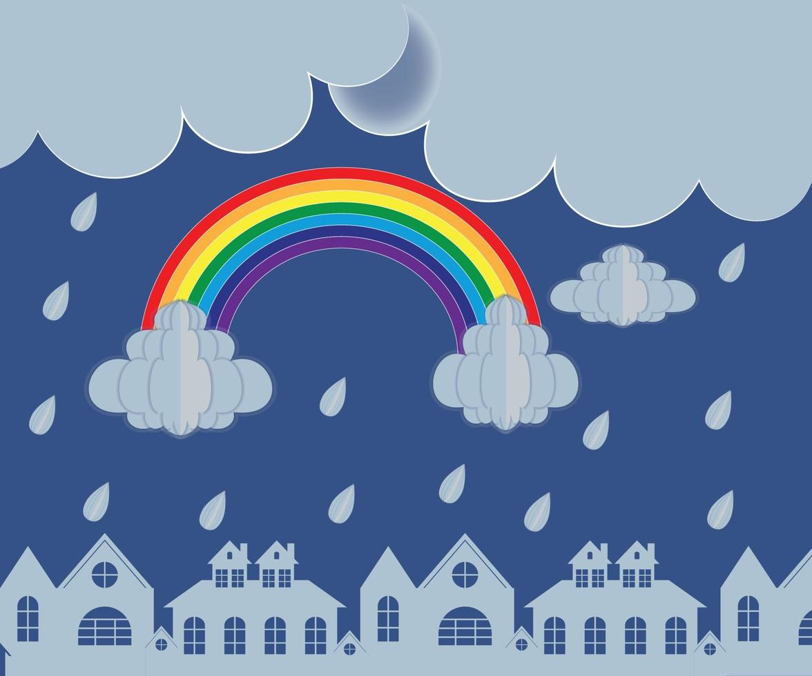 chuva com ilustração e vetor de fundo colorido arco-íris