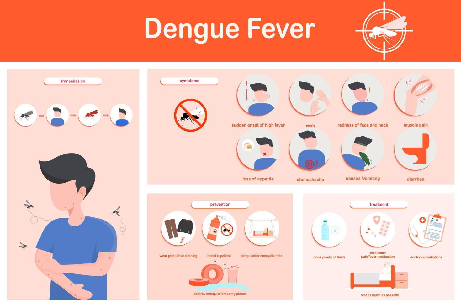 ilustração vetorial infográficos sintomas de dengue, transmissão, prevenção e tratamento, design plano vetor