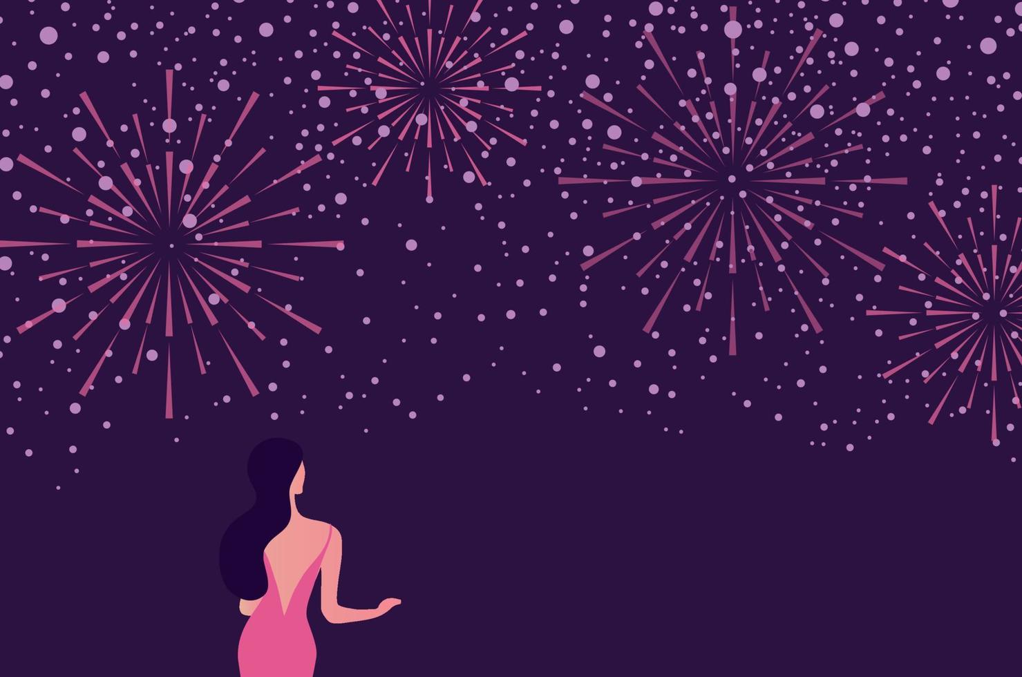 feliz ano novo 2023 conceito de celebração. mulher celebra o festival de ano novo com explosões de fogos de artifício na ilustração vetorial do céu. conceito de temporada festiva de celebração. vetor