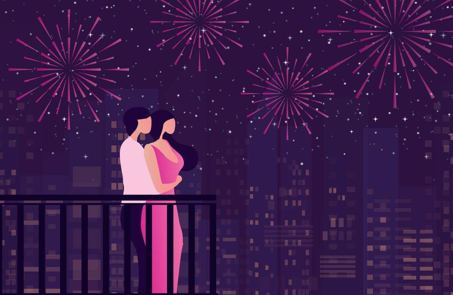 feliz ano novo 2023 conceito de celebração casal celebra o festival de ano novo com explosões de fogos de artifício na ilustração vetorial do céu. conceito de temporada festiva de celebração vetor