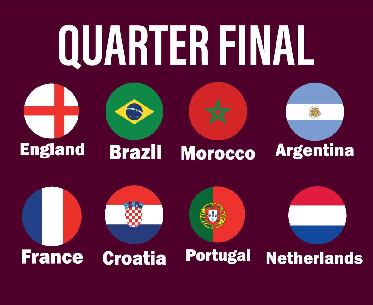 bandeira dos países das quartas de final com design de símbolo de nomes final de futebol ilustração de times de futebol de países vetor