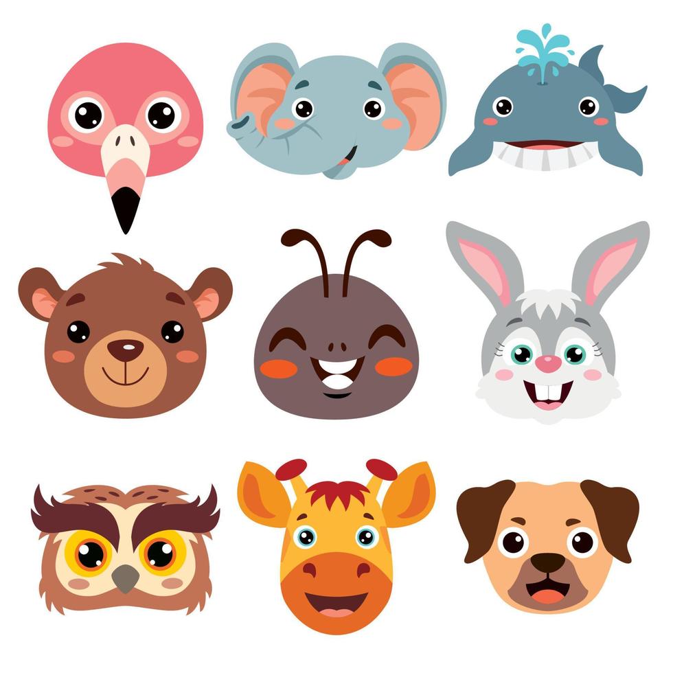 conjunto de cabeças de animais de desenho animado vetor