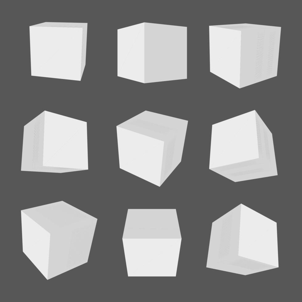 cubos 3d. cubo branco, caixa em ângulo diferente em perspectiva. ilustração em vetor estoque.