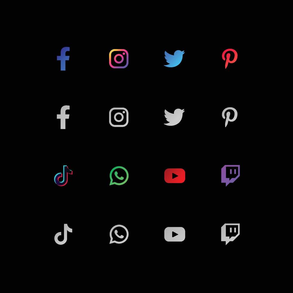 coleção de logotipo de mídia social popular. facebook, instagram, twitter, linkedin, youtube, telegram, vimeo, snapchat, whatsapp. conjunto editorial realista. vetor