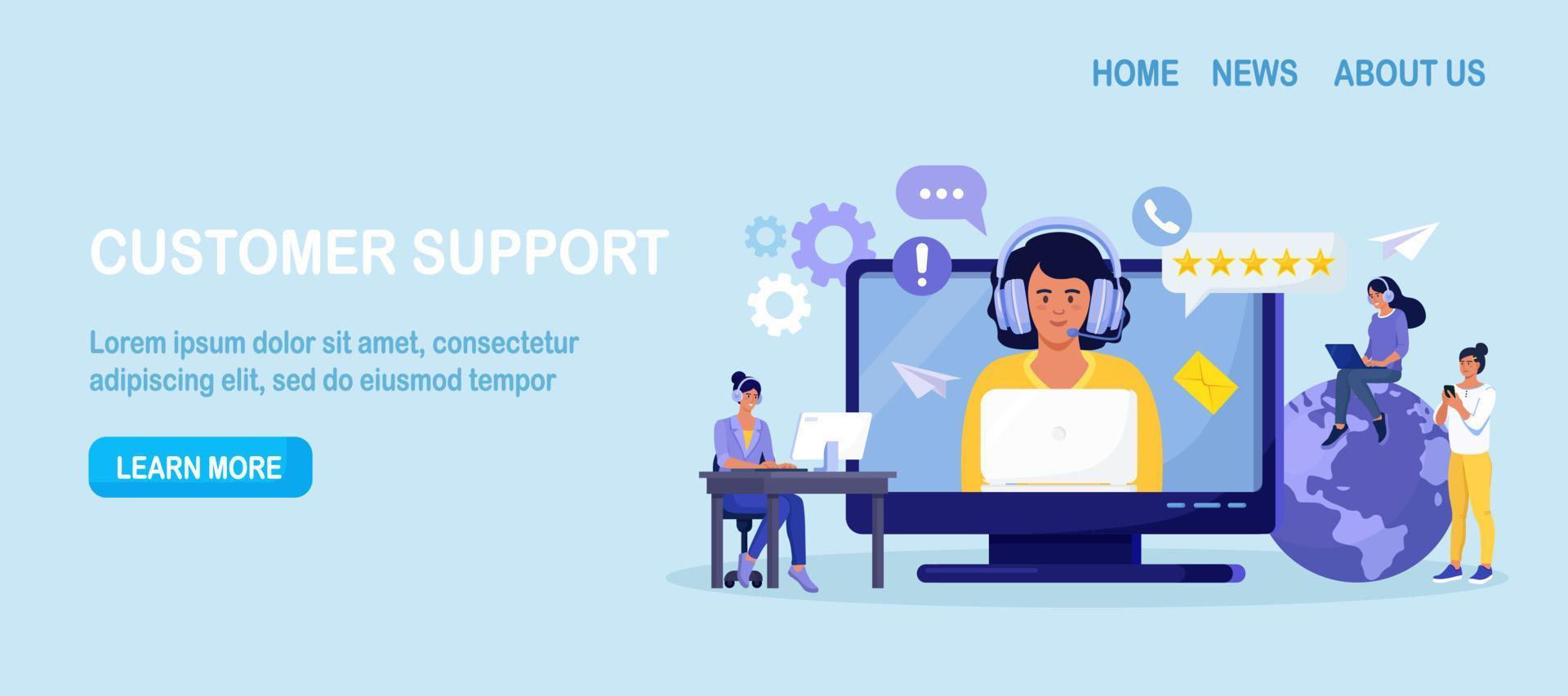 suporte ao cliente. Contate-Nos. mulher com fones de ouvido e microfone conversando com clientes na tela do computador. serviço de assistente pessoal, operador de linha direta aconselha o cliente, suporte técnico online vetor