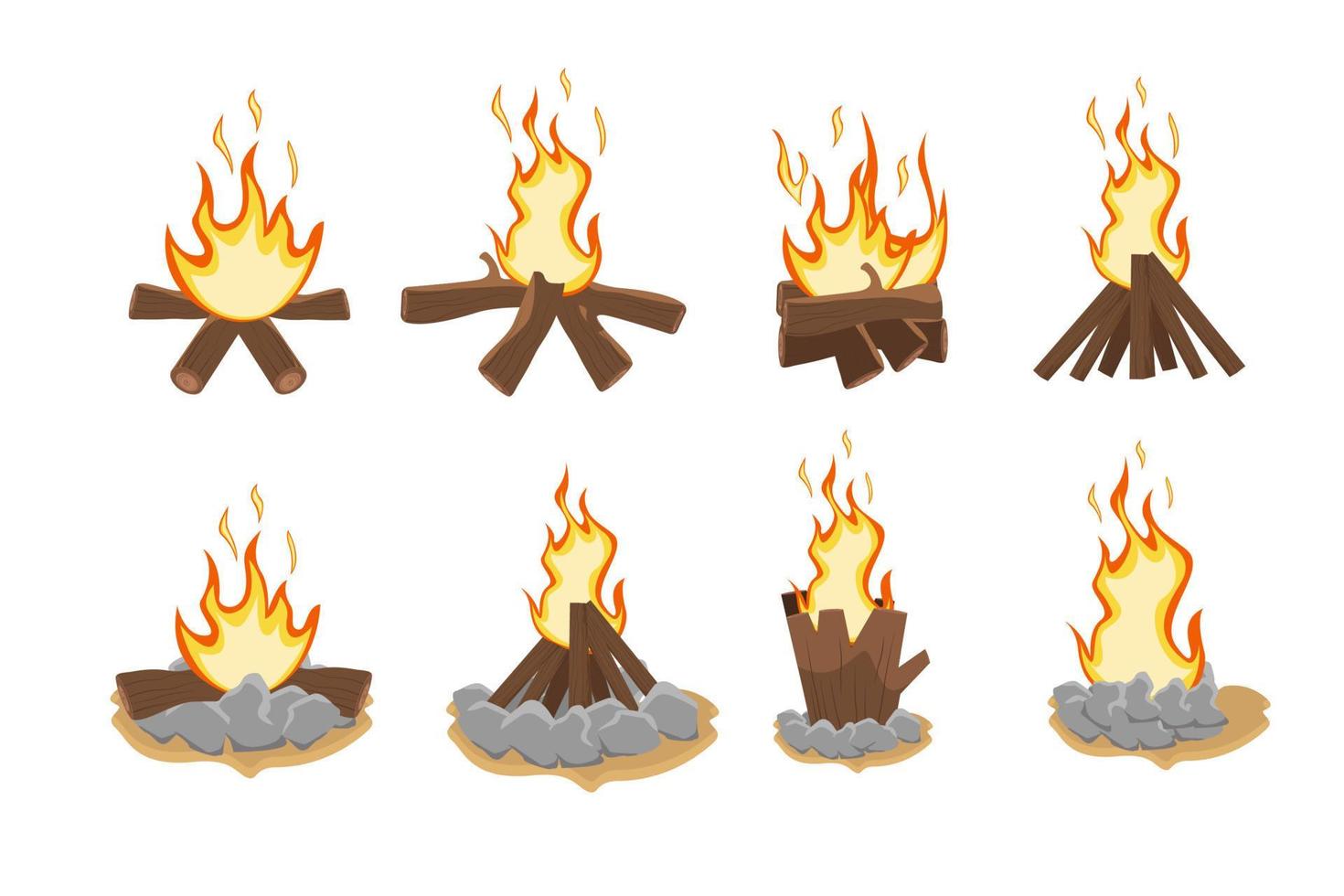 definir fogueiras ardentes e extintas. fogueira de aquecimento da floresta, desenhos animados de fogueira de queima de lareira. ilustração vetorial vetor
