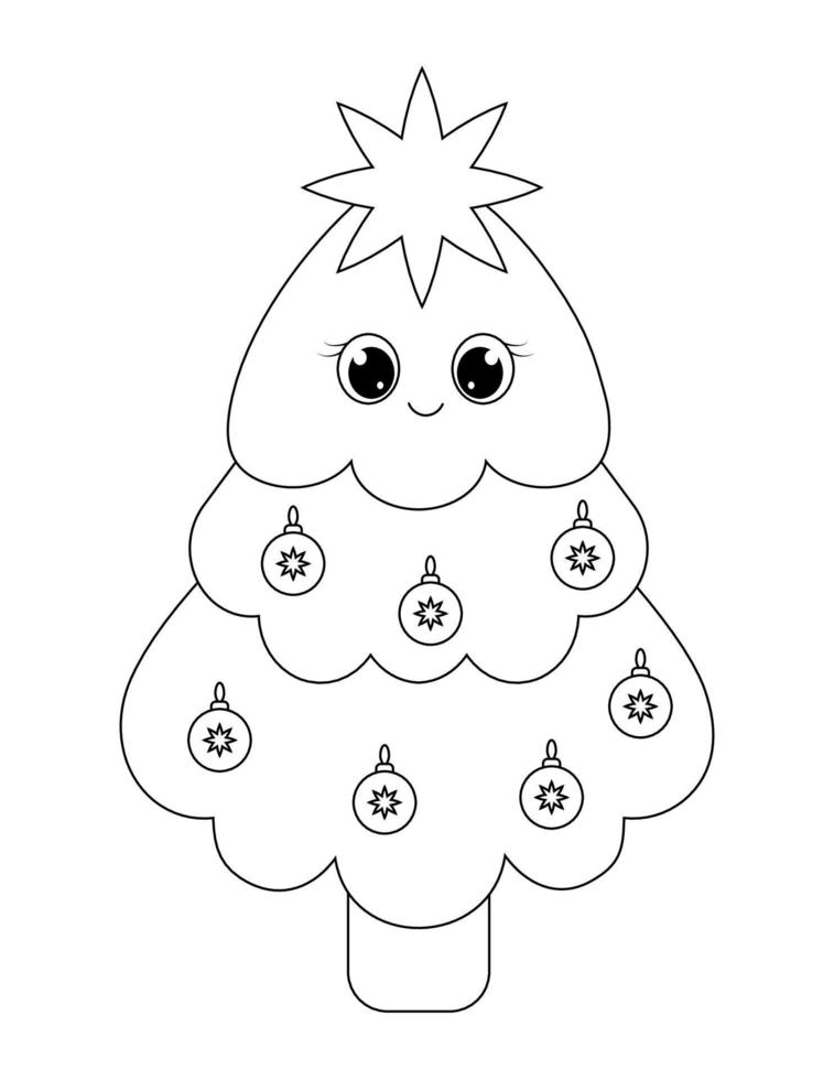 linda árvore de natal. árvore kawaii. contorno de uma árvore de natal com bolas vetor