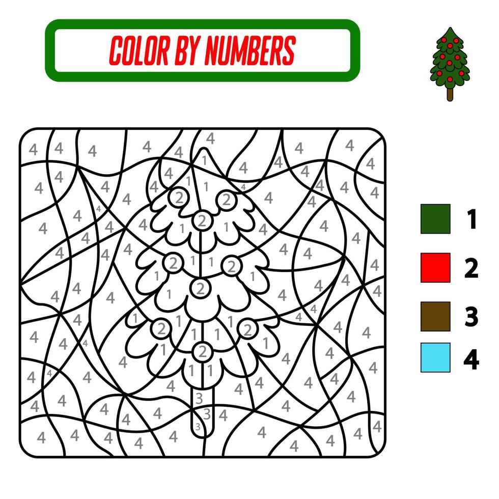 livro de colorir educacional por números para crianças pré-escolares. árvore de natal bonito dos desenhos animados. livro de colorir educacional com abeto. um cartão de treinamento com uma tarefa para crianças em idade pré-escolar e jardim de infância. vetor