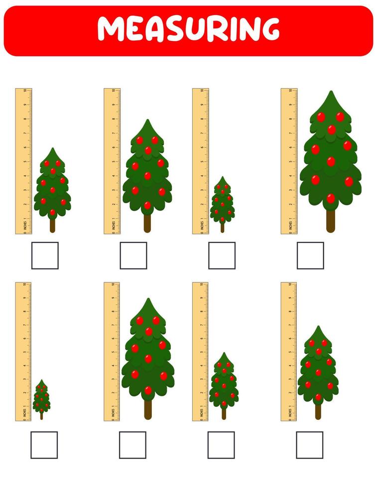 medindo o comprimento com régua. planilha de desenvolvimento educacional. jogo para ilustração kids.vector. folhas de prática.medição da árvore de natal em polegadas. vetor