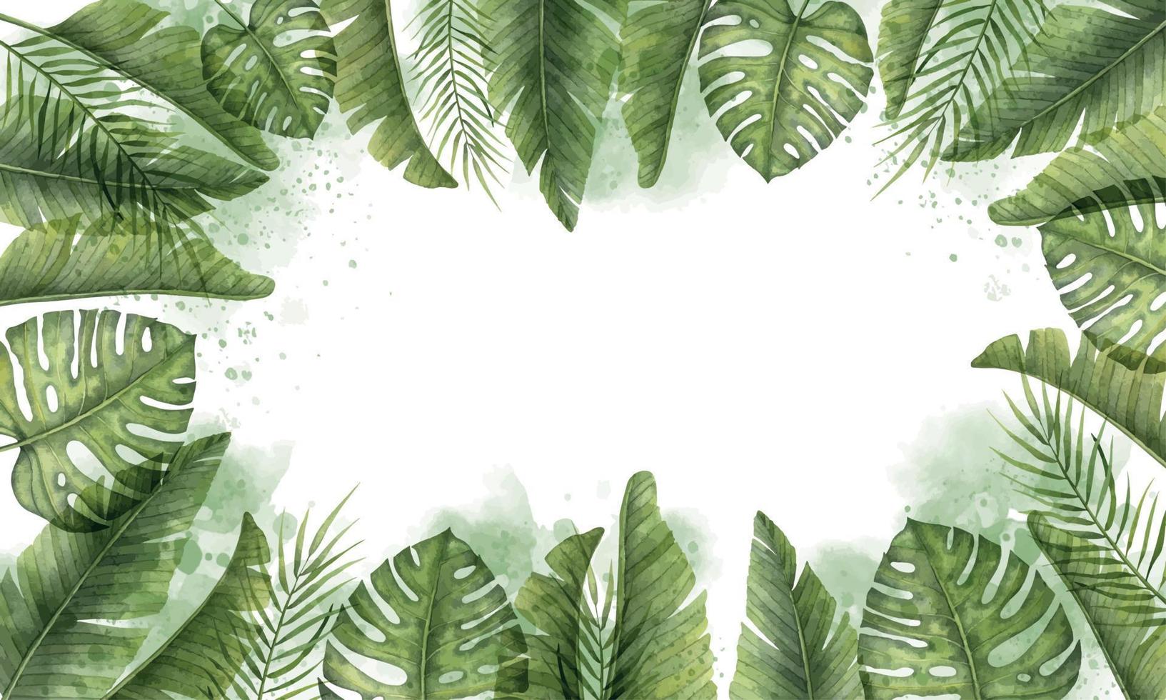 quadro com folhas de palmeira verdes exóticas tropicais. fundo aquarela desenhado à mão para modelo de cartões ou convites. borda botânica retangular com plantas da selva em pano de fundo isolado. vetor