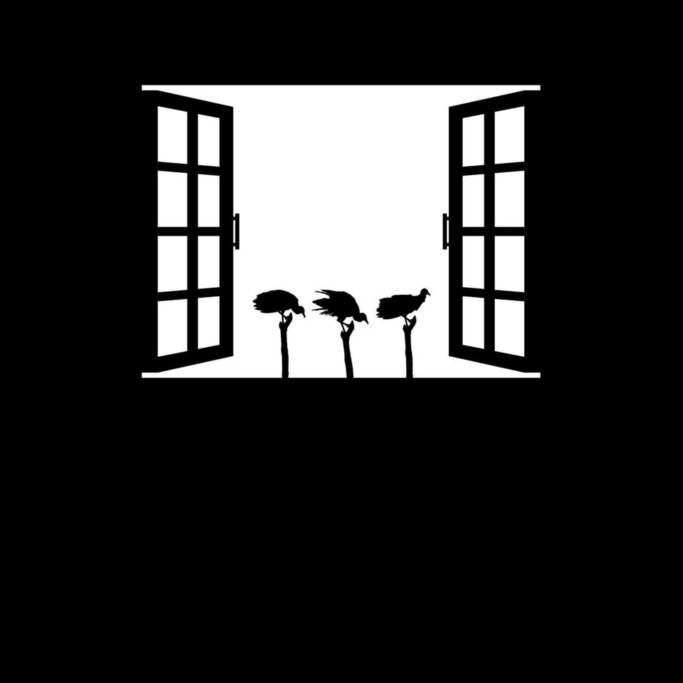 bando do pássaro abutre-preto na silhueta da janela. ilustração assustador, horror, assustador, mistério ou crime. ilustração para filme de terror ou elemento de design de cartaz de halloween. ilustração vetorial vetor