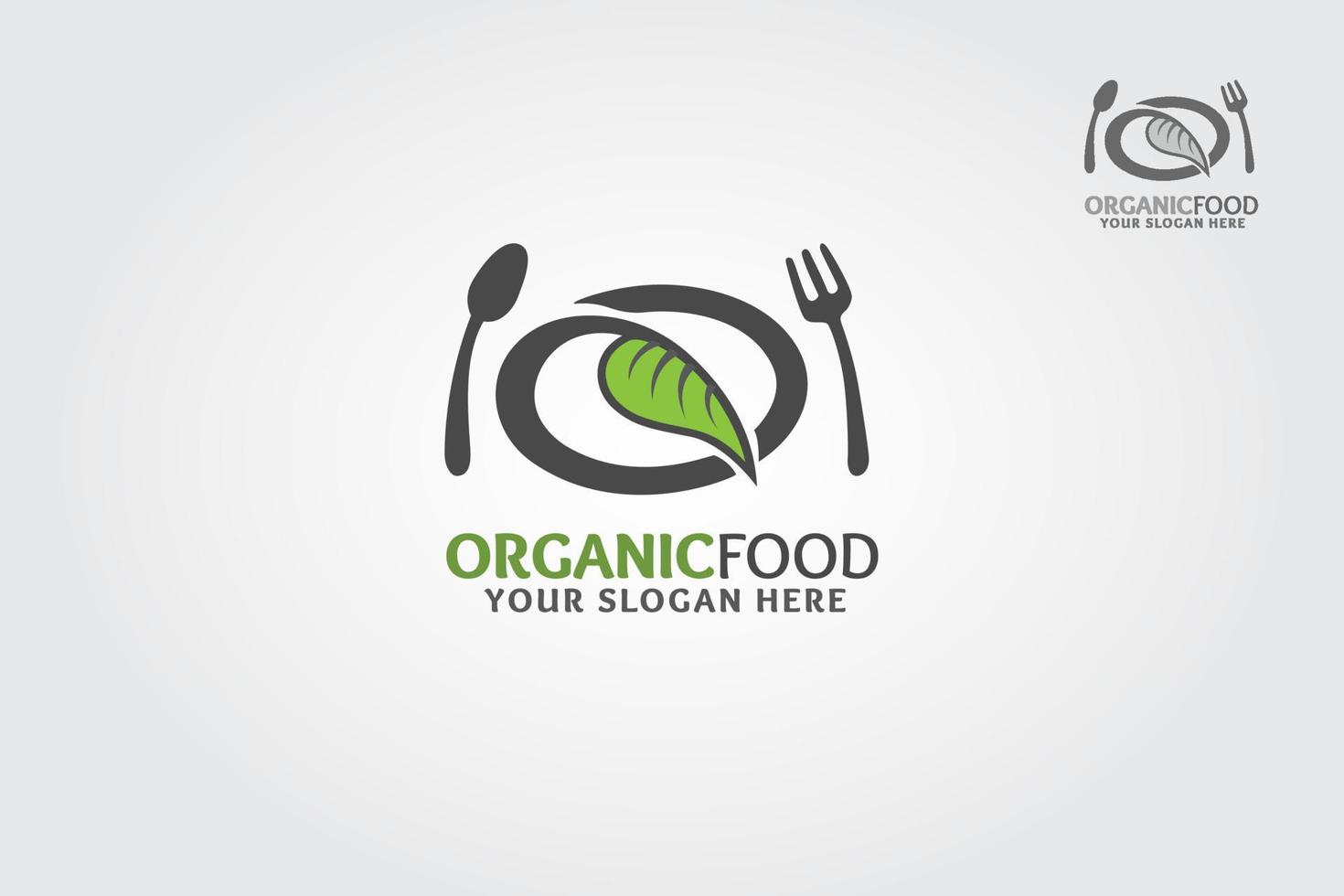 logotipo de alimentos orgânicos com símbolo de garfo e folha. modelo de logotipo de comida saudável. vetor