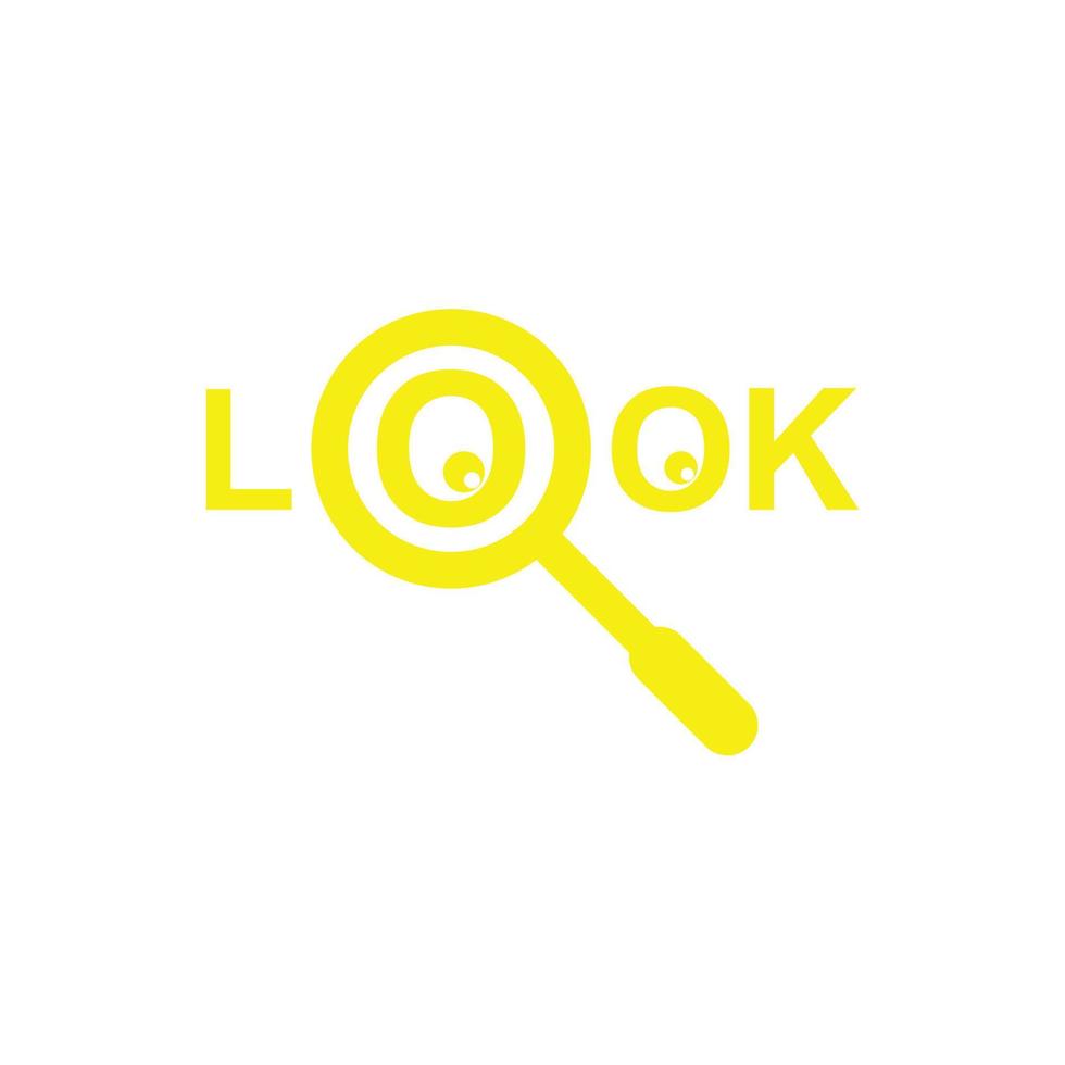 eps10 vetor amarelo olhar ícone de texto com lupa isolado no fundo branco. amplie ou amplie o símbolo em um estilo moderno simples e moderno para o design do seu site, logotipo e aplicativo móvel