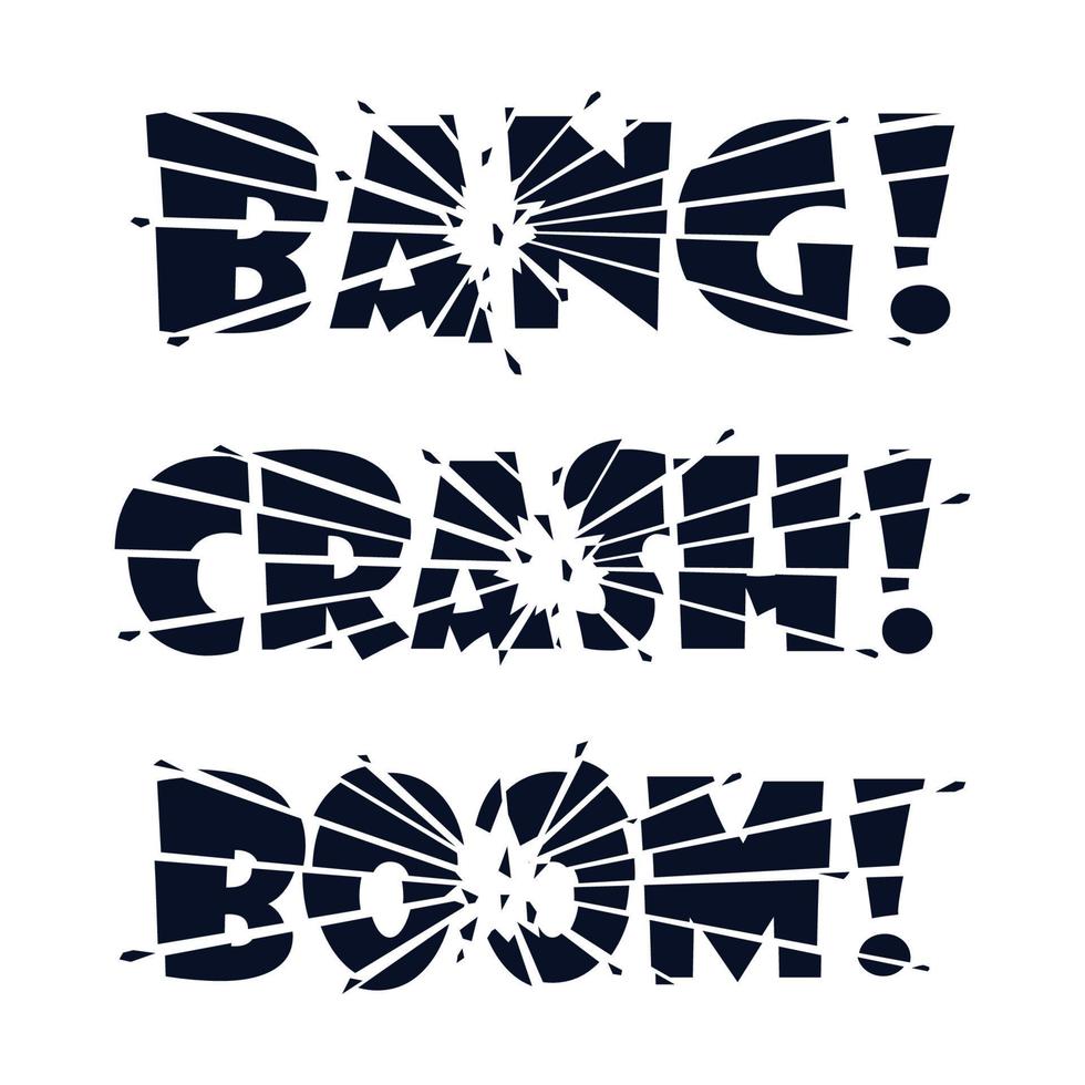 letras bang, crash, boom. as letras são divididas em pedaços por impacto ou explosão e fragmentos de letras voando em todas as direções. ilustração vetorial. vetor