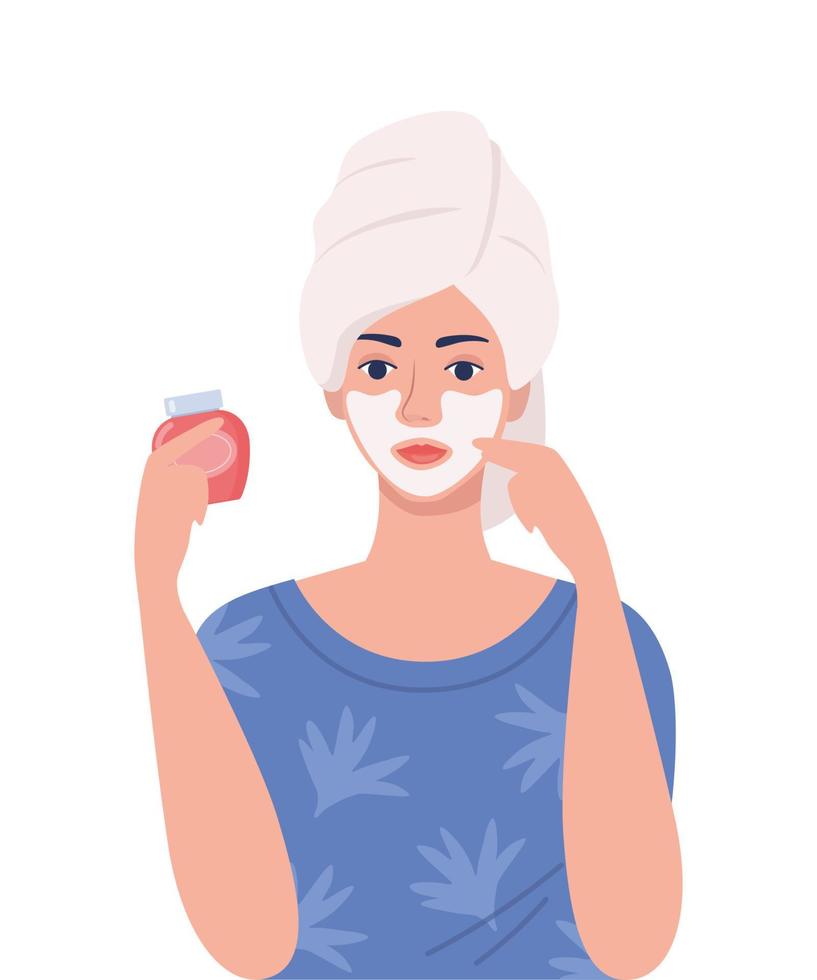 jovem mulher com uma toalha na cabeça dela faz procedimentos cosméticos. máscara facial, cuidados com a pele, tratamento, relaxamento. conceito de cuidados com a pele. ilustração vetorial. vetor