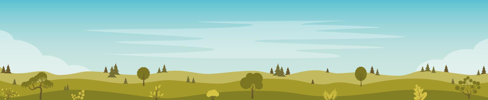 bela paisagem de campos com colinas verdes, árvores, arbustos. paisagem rural. modelo de banner horizontal de fundo rural. ilustração em vetor plana.