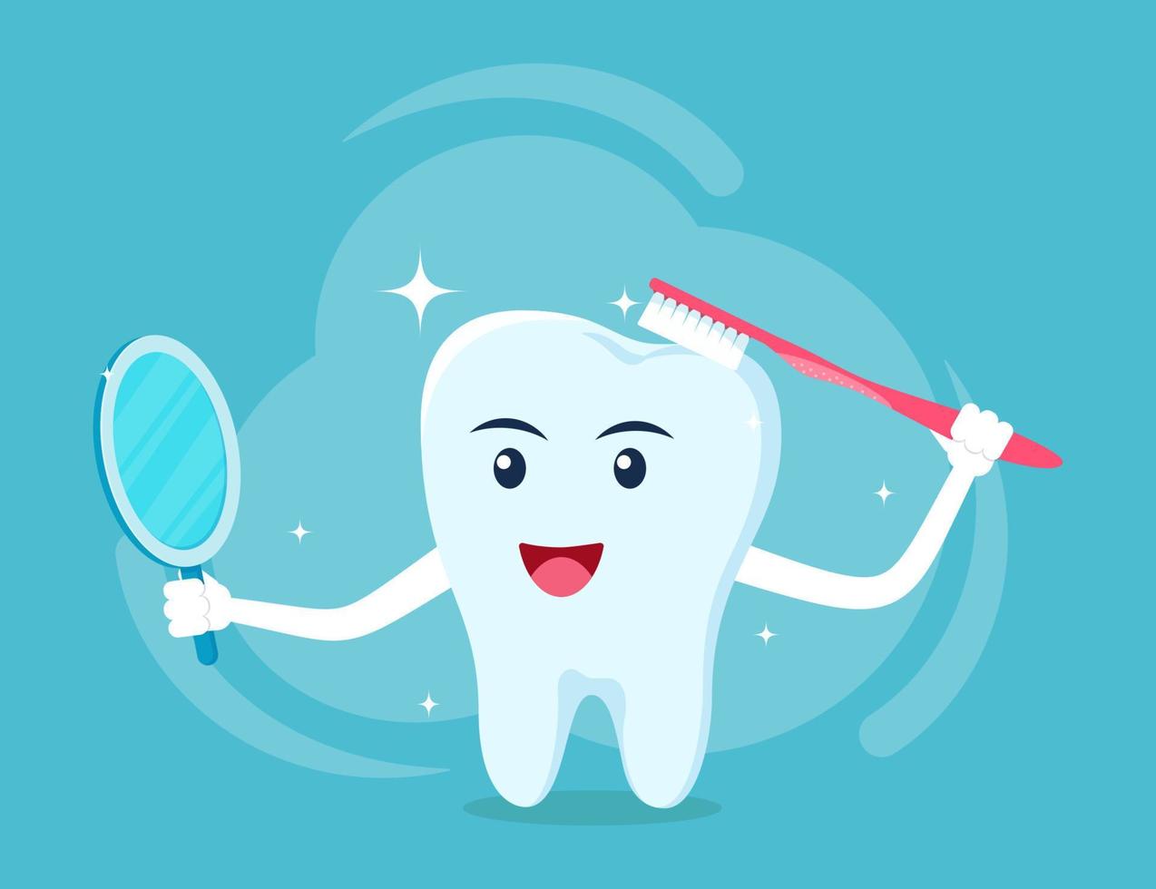 dente feliz o personagem se limpa com uma escova de dentes e se olha no espelho. ilustração do conceito de cuidados de saúde dental. vetor, estilo simples. vetor