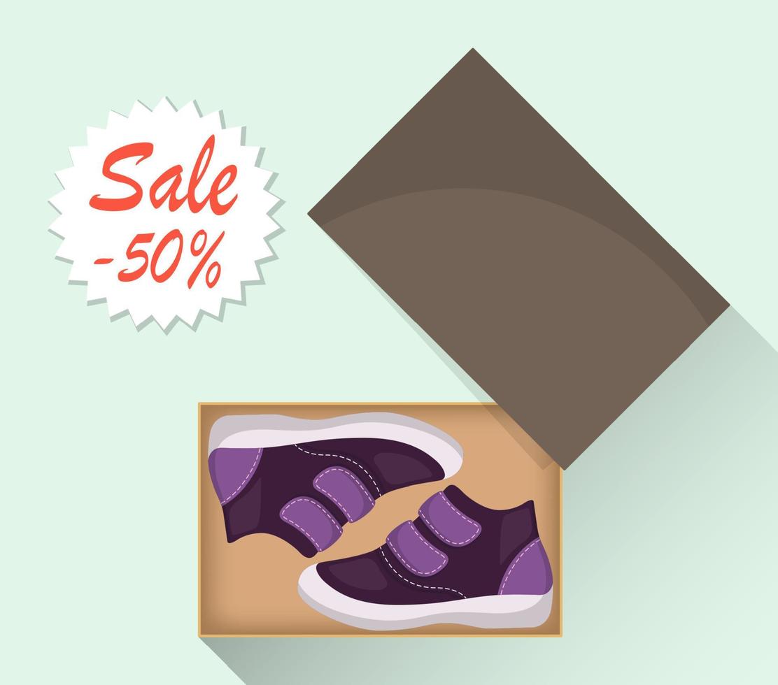 sapatinhos de bebê fofos na caixa, vista lateral. venda com um desconto de 50 por cento. botas violetas casuais infantis. ilustração para uma sapataria. ilustração em vetor plana.