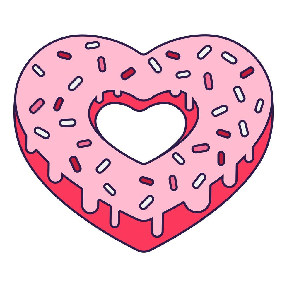 retrô dia dos namorados ícone rosquinha forma de coração. símbolo de amor no estilo de arte pop da moda. os corações de chocolate doce são cores rosa suave, vermelho e coral. ilustração vetorial isolada vetor