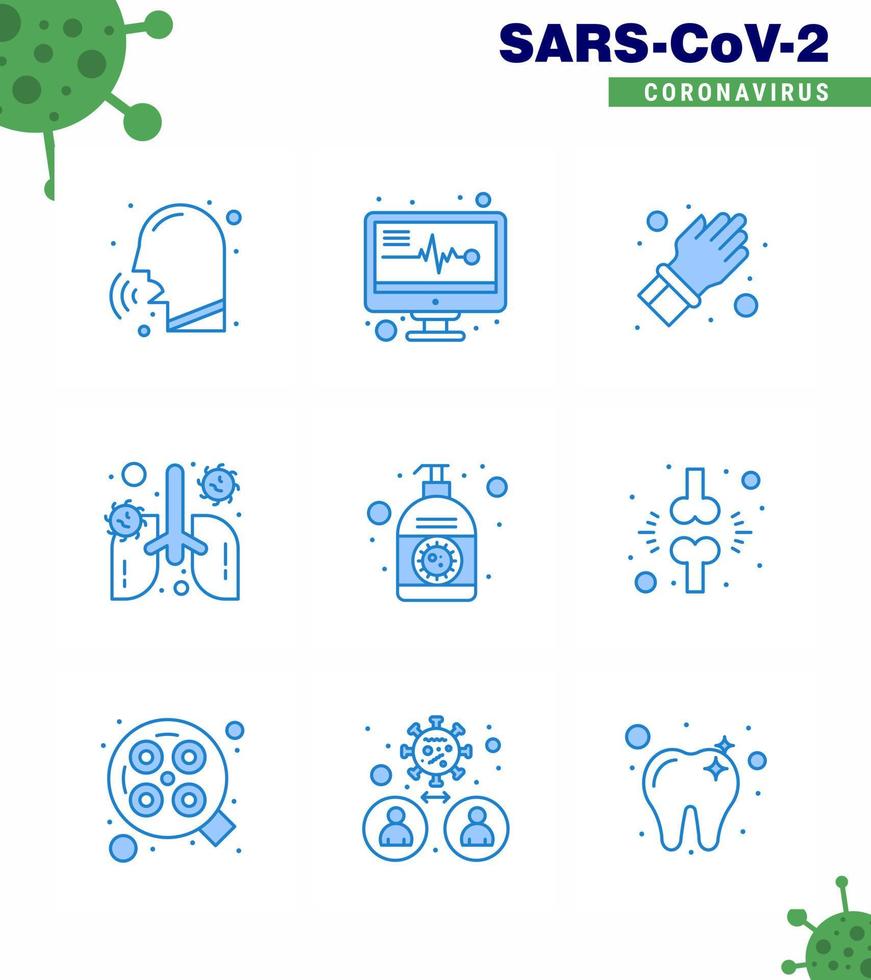 9 pacote de ícones de coronavírus azul covid19, como loção, órgão, luva, anatomia pulmonar, coronavírus viral, elementos de design de vetor de doença de 2019nov