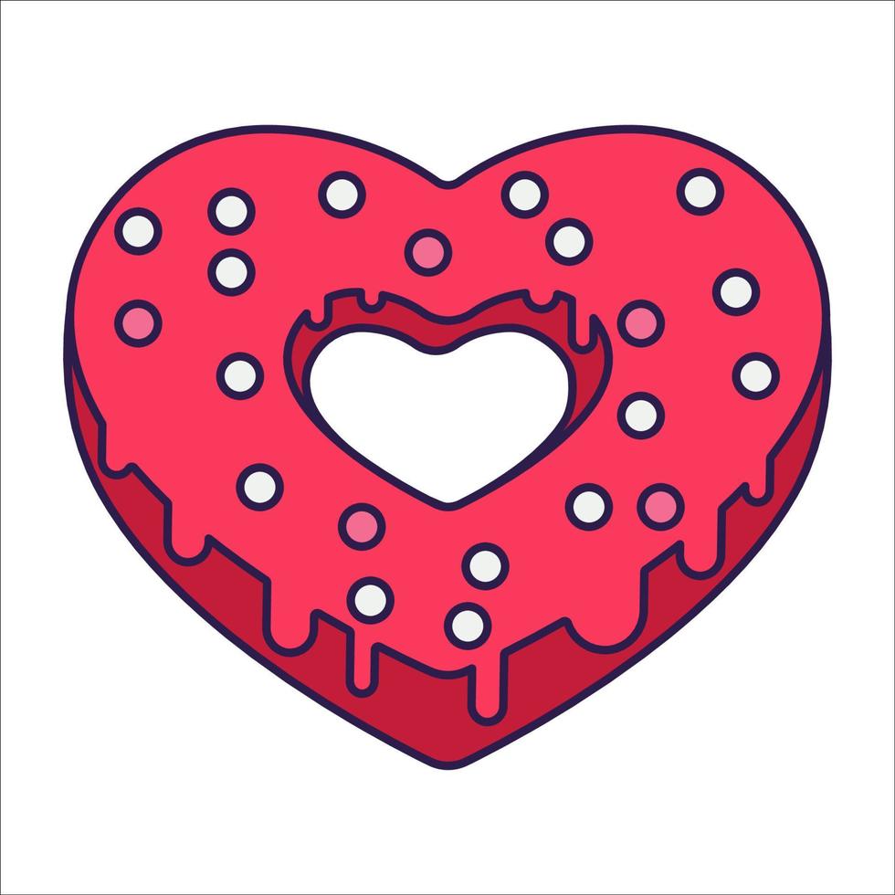 coração de donut de ícone de dia dos namorados retrô de forma de coração. símbolo de amor no estilo de arte pop da moda. os corações de chocolate doce são cores rosa suave, vermelho e coral. ilustração vetorial isolada vetor