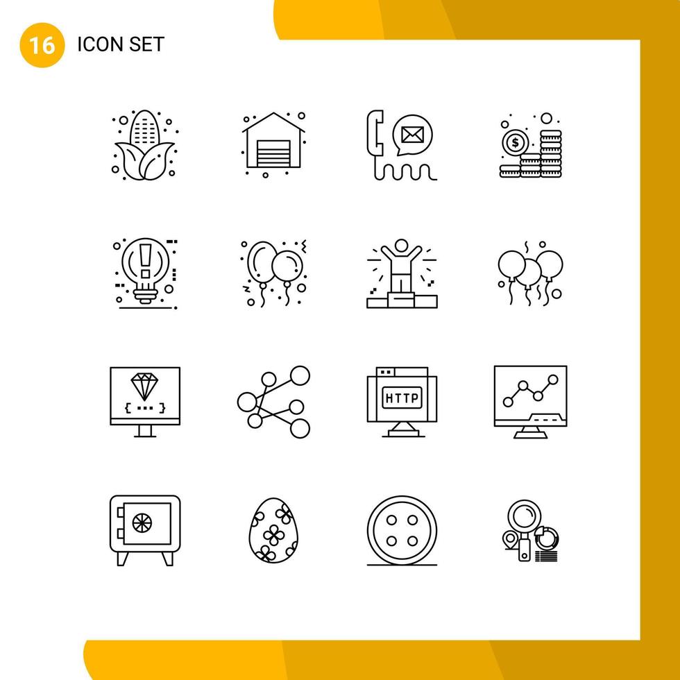 pacote de ícones vetoriais de estoque de 16 sinais e símbolos de linha para moedas de e-mail de lâmpada investimento elementos de design de vetores editáveis