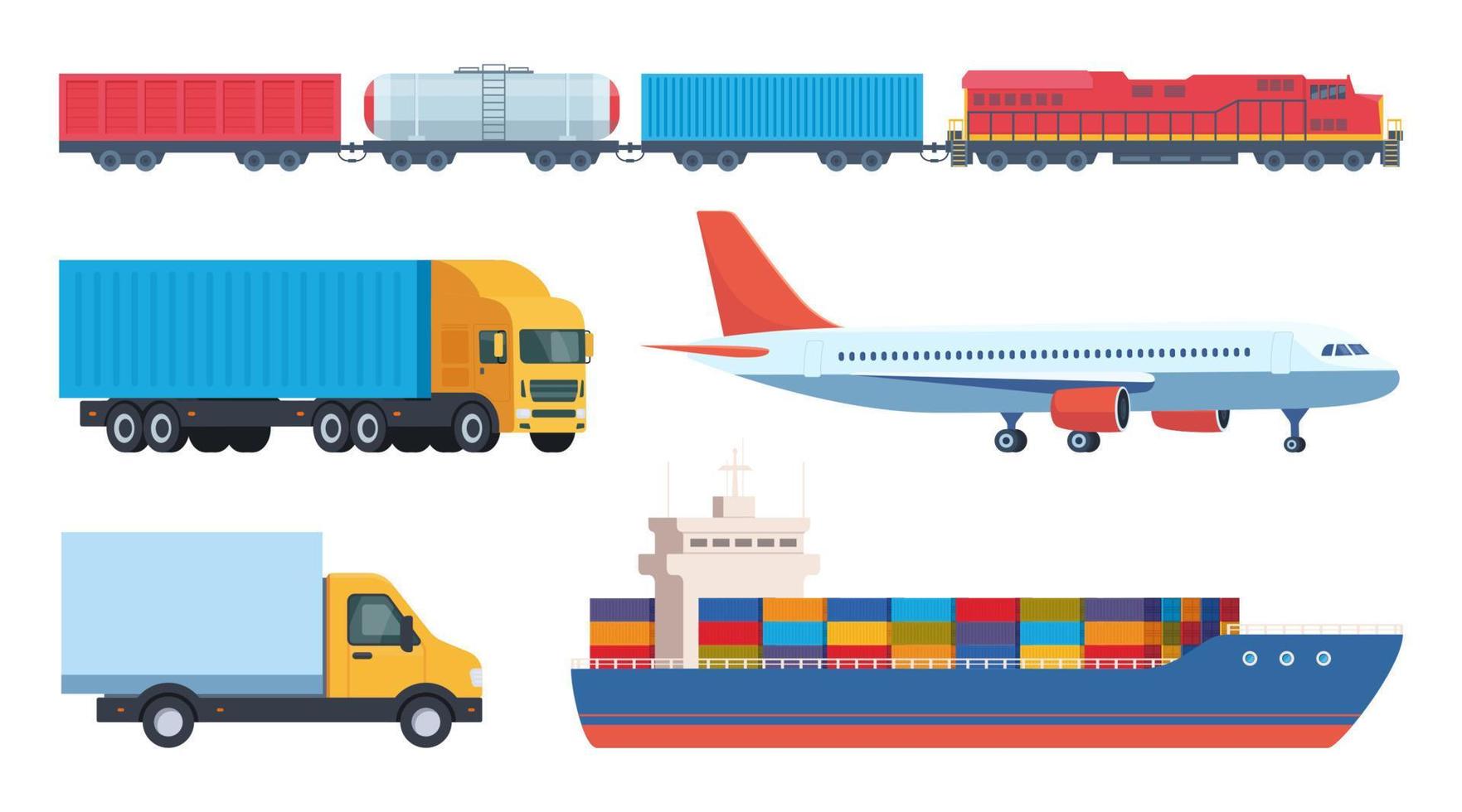conjunto de ícones de transporte de carga. carga e entrega, logística e tráfego de mercadorias, ilustração vetorial. inclui navio cargueiro, caminhão, caminhão, trem, avião. ilustração vetorial. vetor