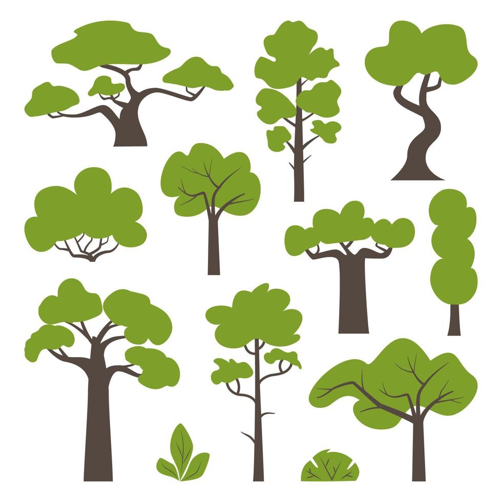 grande conjunto de várias árvores verdes e arbustos. ícones de árvore definidos em um estilo moderno simples. ilustração vetorial. vetor