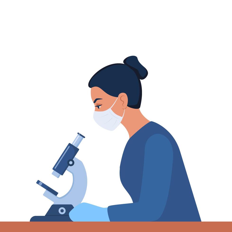 mulher cientista está olhando através de um microscópio. especialista em laboratório de química trabalhando em pesquisa e exploração, sentado à mesa com máscara potencial. ilustração vetorial. vetor