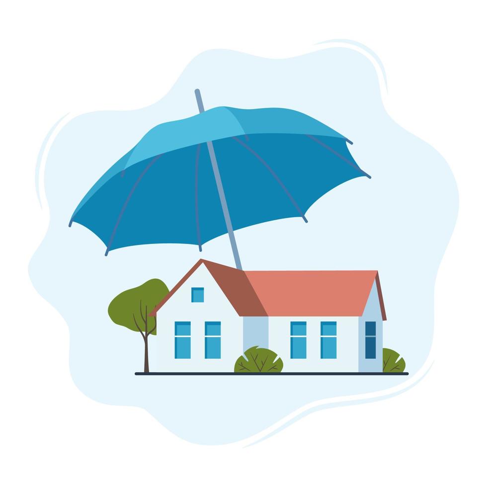 conceito de seguro de casa. proteção imobiliária, casa plana de desenho animado protegida sob guarda-chuva, segurança doméstica, segurança. ilustração vetorial. vetor