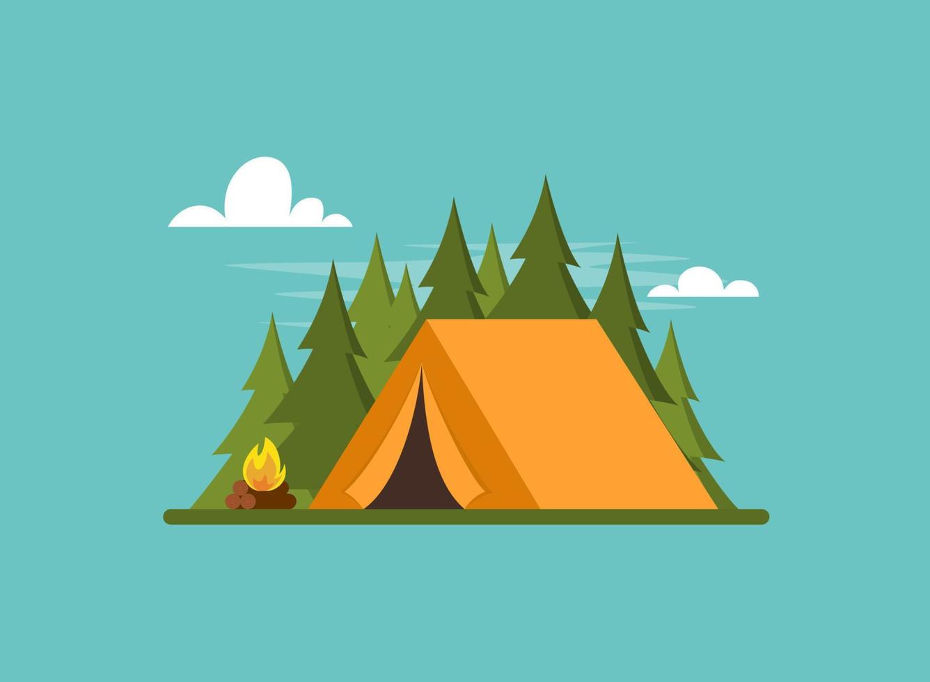 barraca laranja na floresta. tenda, floresta e fogo. banner, cartaz para escalada, caminhadas, esporte trakking, turismo de aventura, viagens, mochila. ilustração em vetor plana simples.