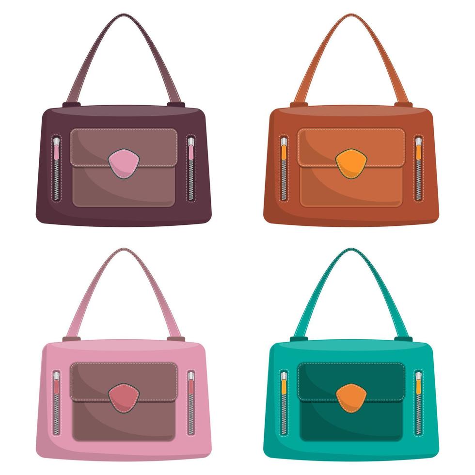 coleção de bolsas de couro coloridas elegantes com costura branca. bolsa de mulher. bolsas de senhoras isoladas no fundo branco. acessórios fashions. ilustração vetorial em estilo simples. vetor