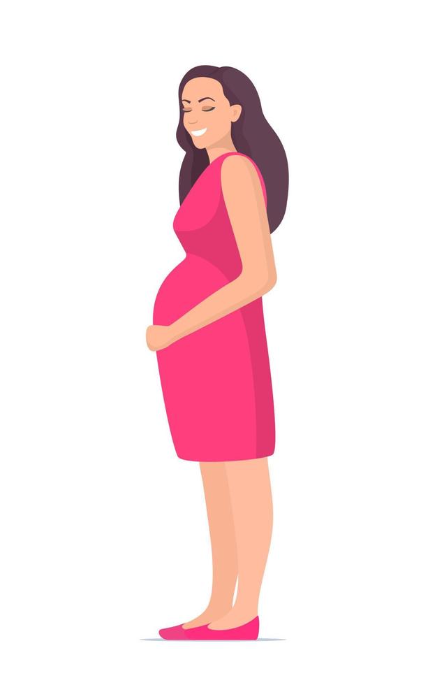 linda mulher grávida em pé e dá as mãos a barriga grande. personagem de mulher grávida linda feliz. menina esperando um bebê. conceito de maternidade. ilustração vetorial. vetor