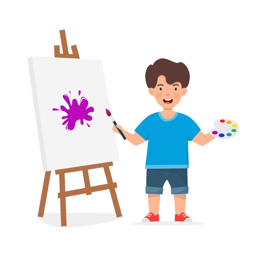 criança feliz pintando no cavalete. menino sorridente com pincel e tintas. banner do centro de arte infantil, panfleto. ilustração vetorial. vetor