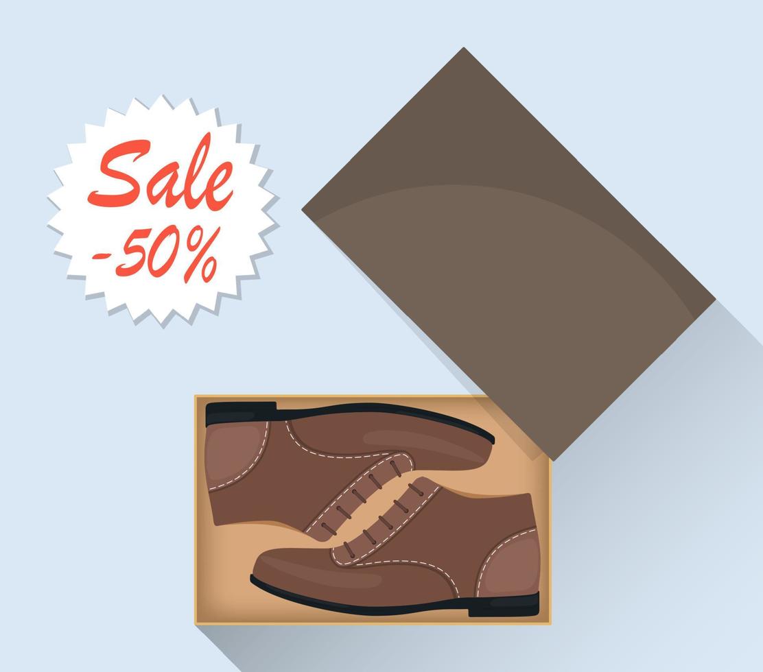 elegantes sapatos masculinos modernos na caixa, vista lateral. venda com um desconto de 50 por cento. sapatos casuais do homem. ilustração para uma sapataria. ilustração em vetor plana.