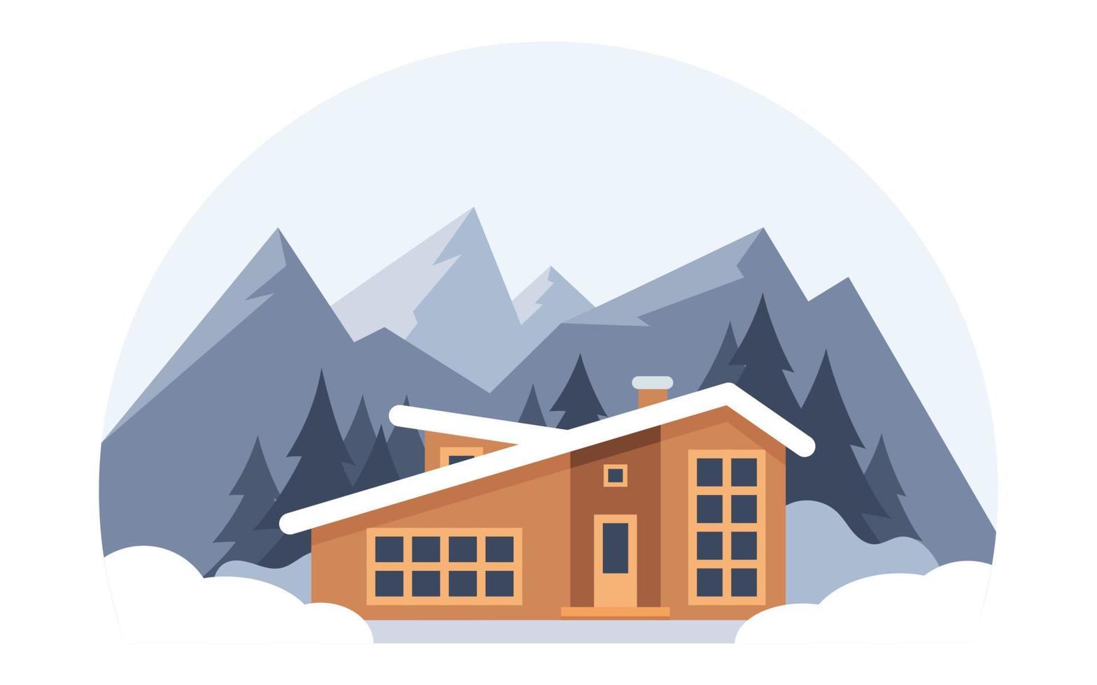 paisagem de montanha de inverno com casa grande para turistas. férias de inverno nas montanhas, estações de esqui, aluguel de casas. ilustração em vetor plana.
