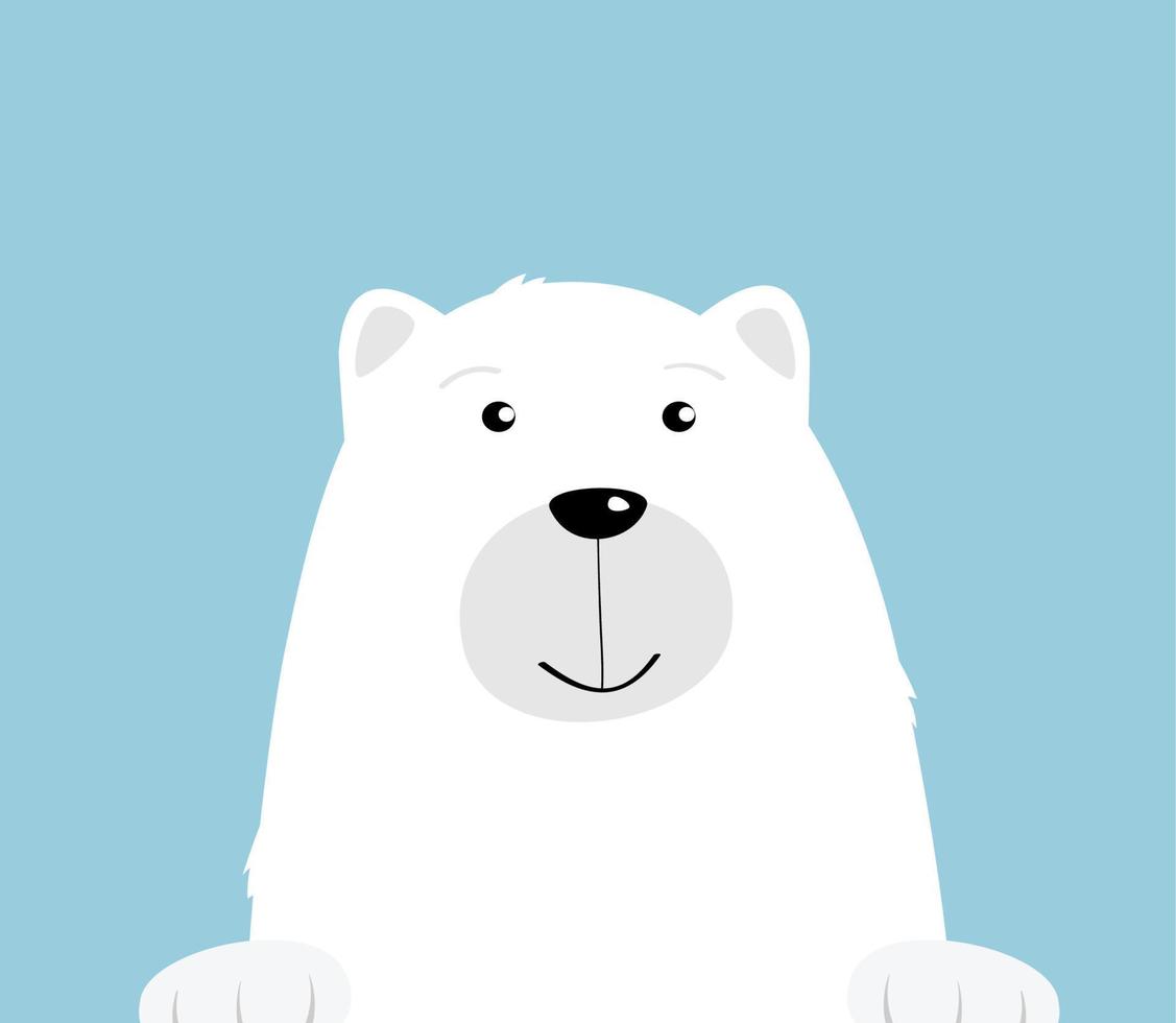 bonito dos desenhos animados branco urso polar sobre fundo azul. rosto sorridente de urso amigável curioso. ilustração para cartão. vetor