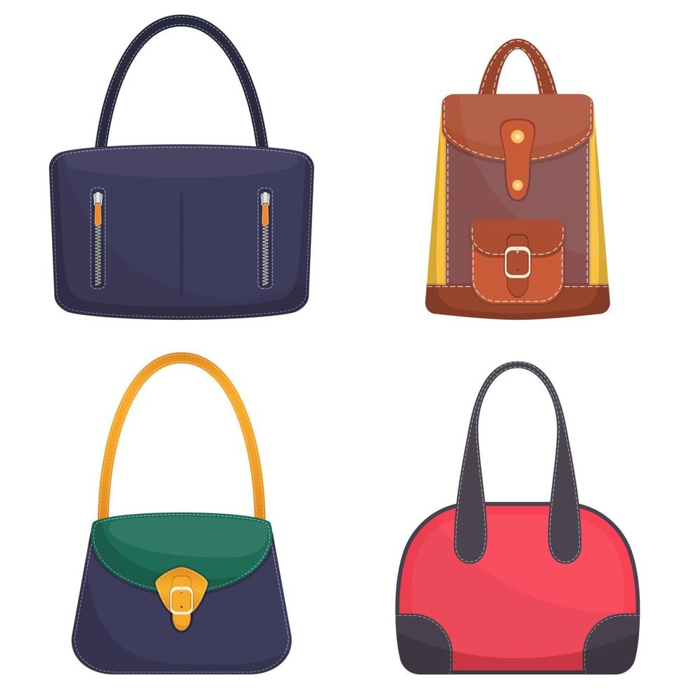 coleção de bolsas de couro coloridas elegantes com costura branca. bolsa de mulher. bolsas de senhoras isoladas no fundo branco. acessórios fashions. ilustração vetorial em estilo simples. vetor