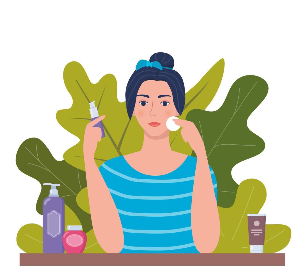 jovem mulher limpando o rosto com algodão. tubos e frascos de cosméticos, folhas tropicais no fundo. conceito de cuidados com a pele para cosméticos orgânicos veganos. ilustração vetorial. vetor