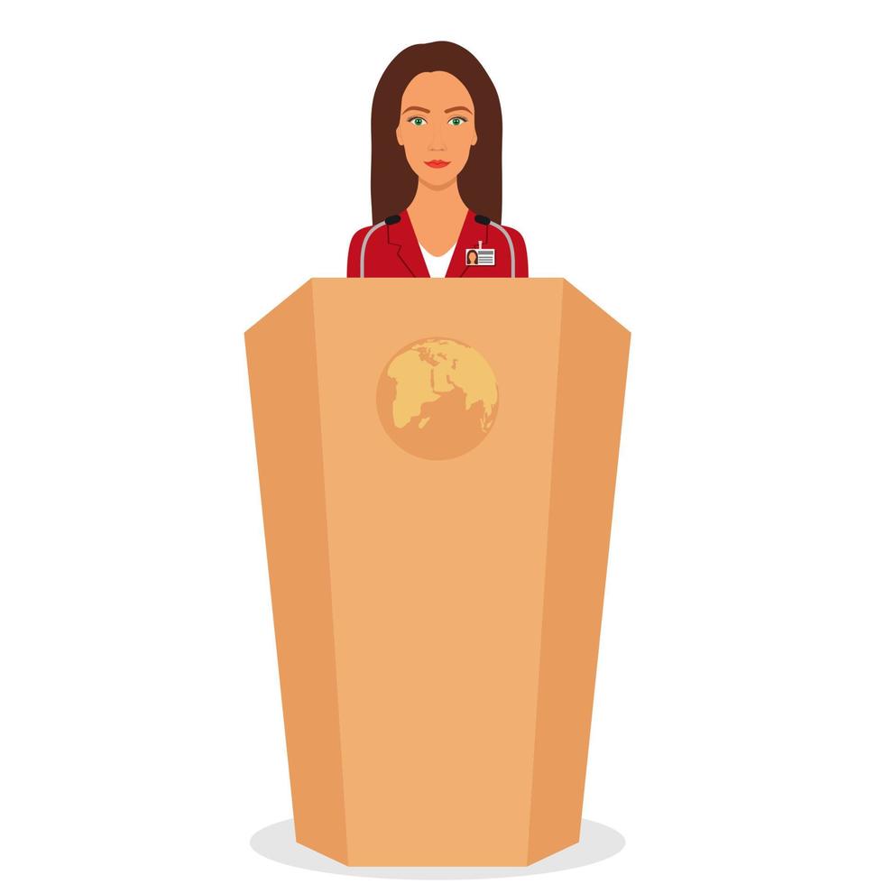 mulher em um terno de negócios fica em um pódio na frente dos microfones. mulher oradora falando da tribuna. ilustração vetorial. vetor