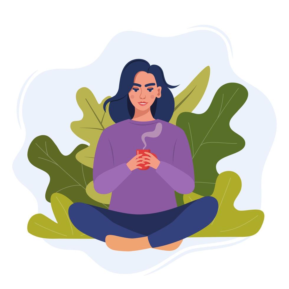 jovem senta-se em posição de lótus e segura uma caneca de bebida quente nas mãos. conceito aconchegante de descanso e relaxamento. linda garota feliz descansando. ilustração vetorial isolada. vetor