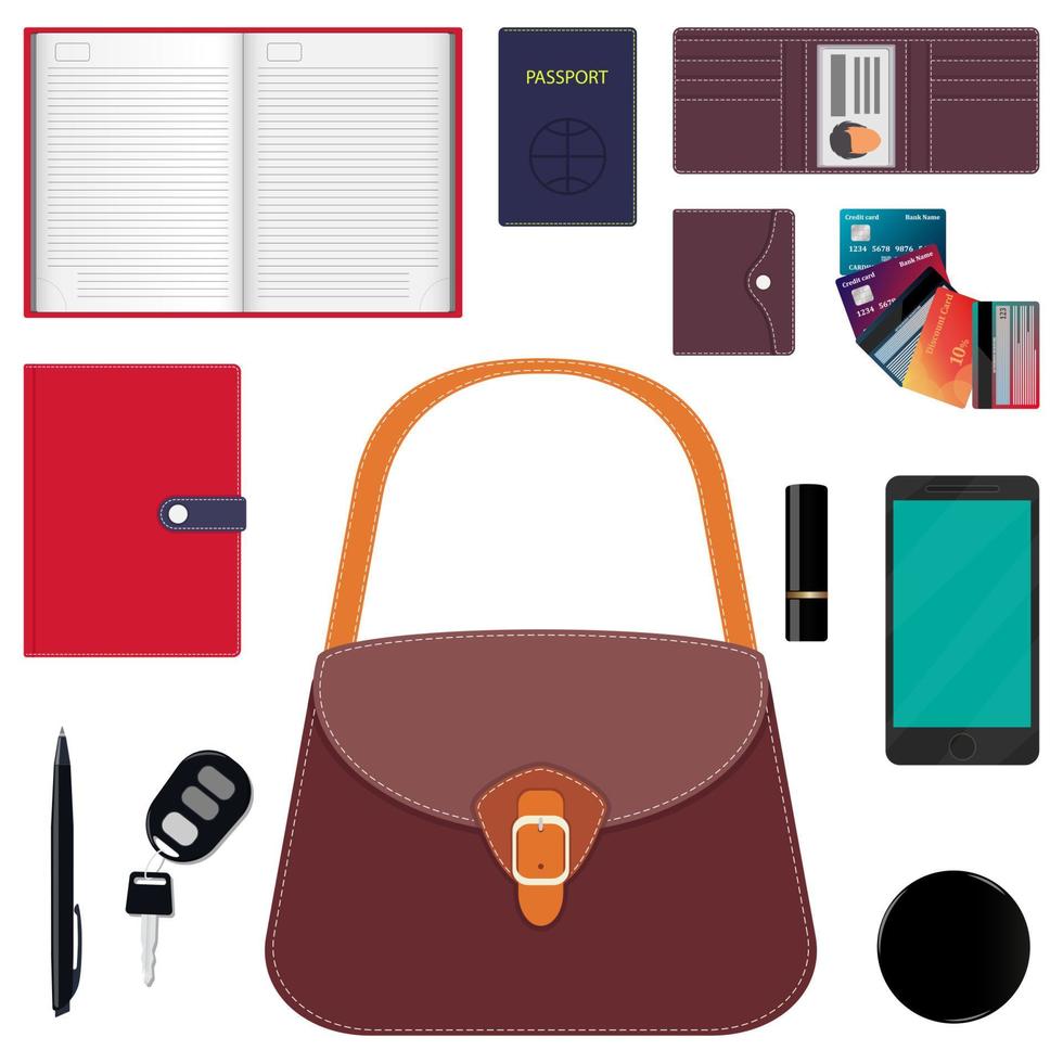 bolsa de mulher e conteúdo. diário, carteira, cartões bancários, caneta, smartphone, passaporte, chaves do carro, batom, pó. ilustração vetorial. vetor