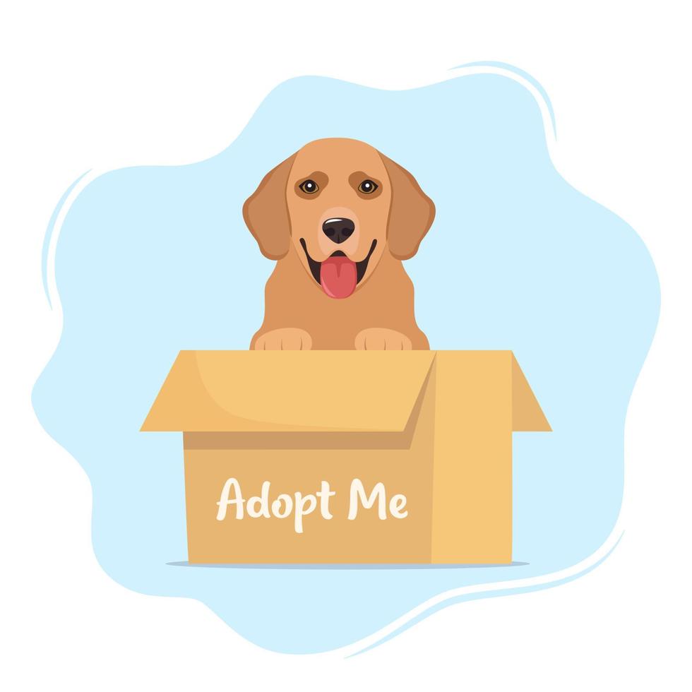 cachorro fofo em uma caixa de papelão com a inscrição me adote. adote um animal de estimação. lindo cachorrinho sem-teto esperando a adoção. ilustração vetorial para pôster de abrigo de animais. vetor