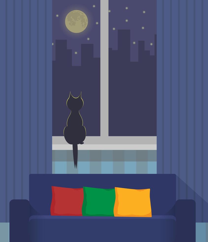 silhueta de um gato sentado no peitoril da janela sob a luz da lua. cidade noturna fora da janela. interior aconchegante com sofá e almofadas em primeiro plano. ilustração vetorial. vetor