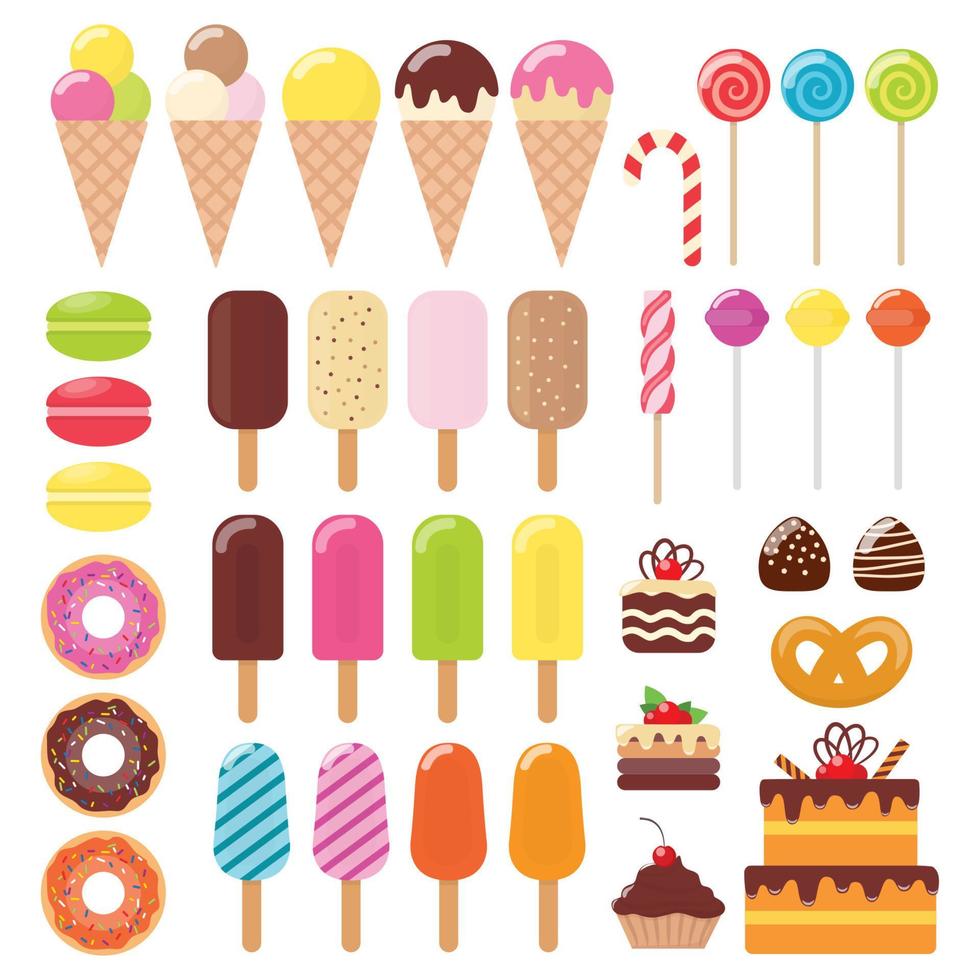 conjunto de vários doces. sorvete, bolo, bolo, rosquinha, biscoito, pirulito, doce, chocolate. ilustração em vetor plana.