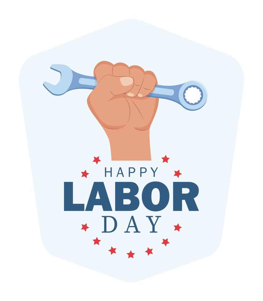 feliz dia do trabalho e cartaz de vetor direito dos trabalhadores. construção de celebração, chave de ferramenta na mão. ilustração vetorial.