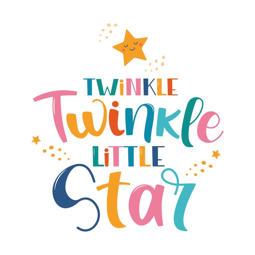 letras desenhadas à mão twinkle twinkle estrelinha para impressão, roupas, cartão de felicitações, decoração de quarto infantil. impressão infantil. deixando estrelinha e estrelinhas no estilo escandinavo. ilustração vetorial. vetor