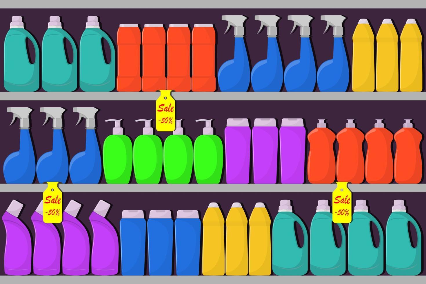 prateleiras de supermercados com garrafas de detergente, sabão em pó, detergente em pó, frasco de spray, um meio para lavar a louça. venda, descontos. ilustração vetorial. vetor